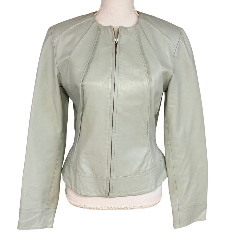 Siena Studio Sage Green Leather Jacket Zip Front Tailored Seaming Size 6